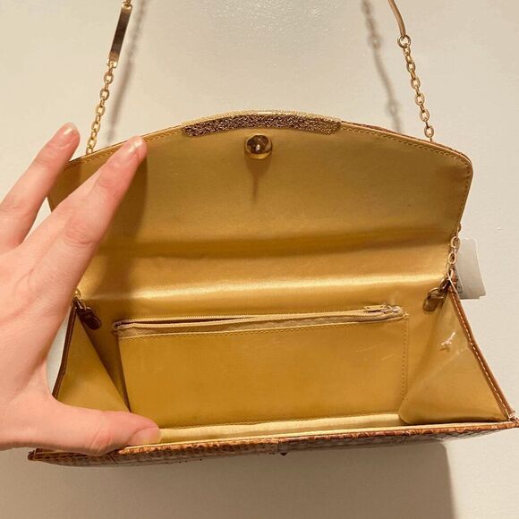 Vintage 1950s Genuine Snake Skin Gold Chain Crossbody Bag Clutch - Picture 9 of 14